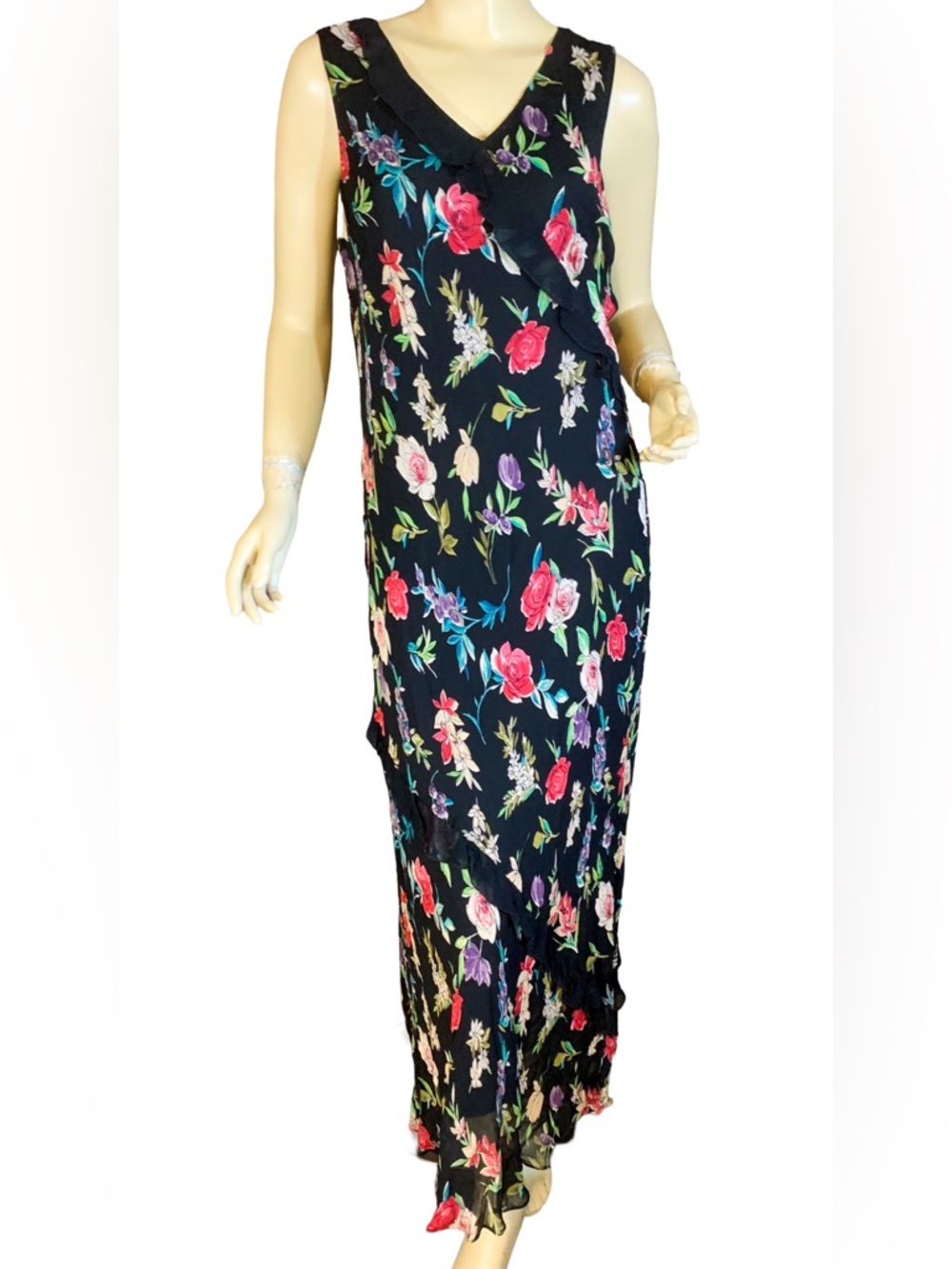 VINTAGE Y2K BLACK MULTI-COLOR FLORAL PRINT W/LACE RUFFLE CHIFFON SILK DRESS (L) - Picture 2 of 12